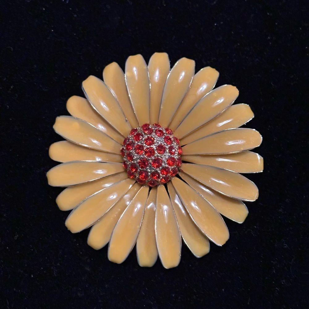 Vintage Yellow Brooch with Red Rhinestone Crystal Center
